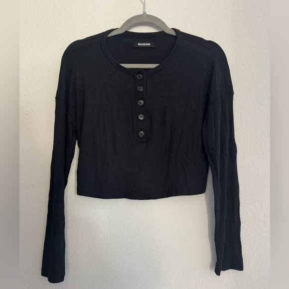 Naadam Ribbed lightweight cashmere blend crop henley black XS - Picture 5 of 9